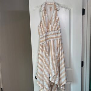 Anthropologie Asymmetrical Striped Dress in Tan and White